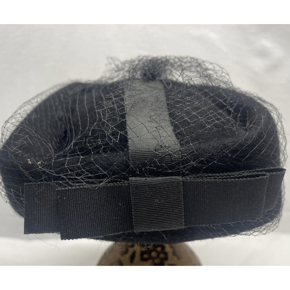 Vintage Black Pillbox Hat with Netting Bow Wool Union Made Church Mourning Hat - Picture 4 of 9